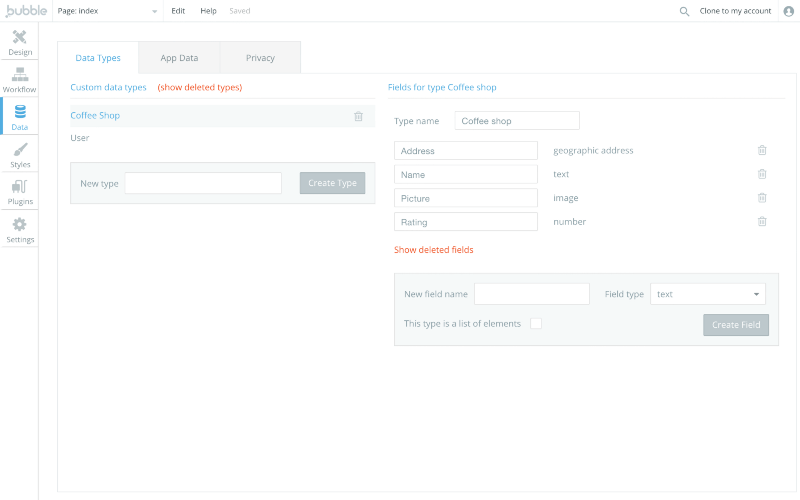 Bubble app editor page with option to choose inputs, fields and data types.