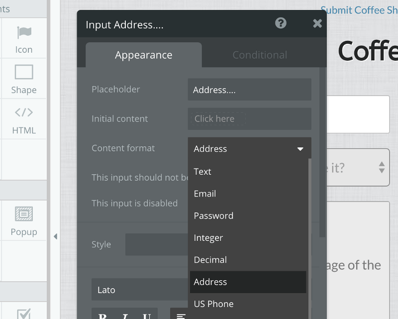 Editing window in Bubble, black on dark gray, with options to edit appearance.