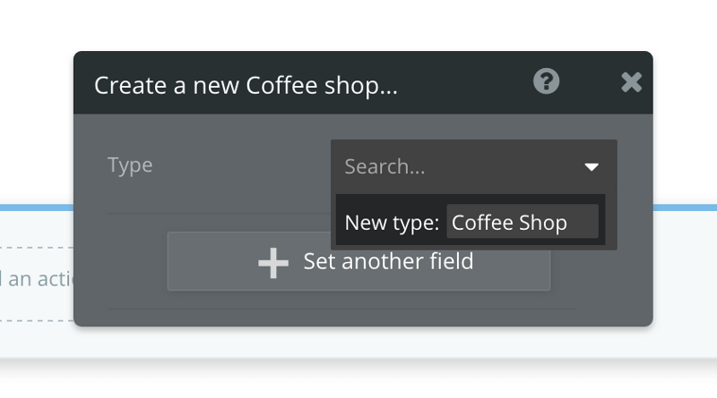 Black on gray computer window with option to create a new coffee shop in Bubble.