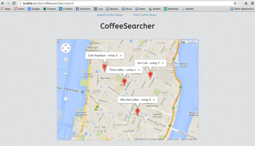 Map with red markers showing user-generated coffee shop content.