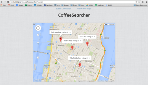 Finished Yelp-like app map with red markers and addresses. 
