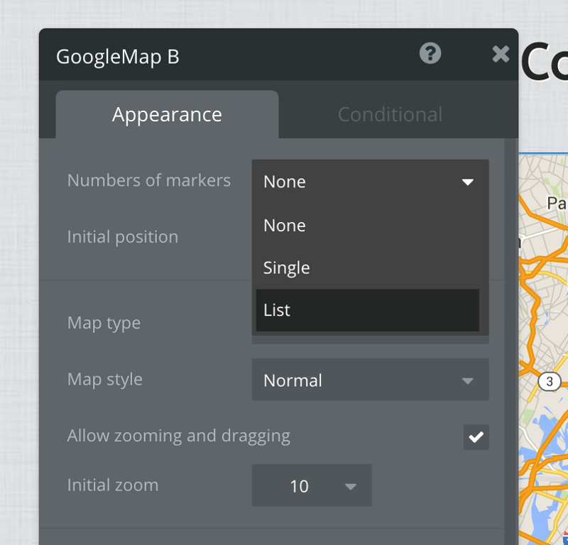 Bubble app map editor window, black on dark gray.