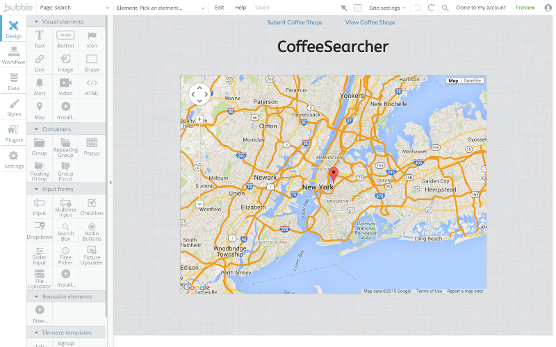 Bubble app editor screen with map of New York City.