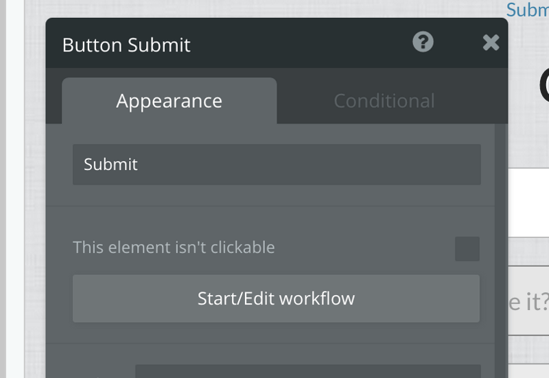 Black on dark gray Bubble creator window with options to edit a button.