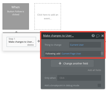 Bubble No Code Product Hunt Clone Follow User Workflow - follow button settings.