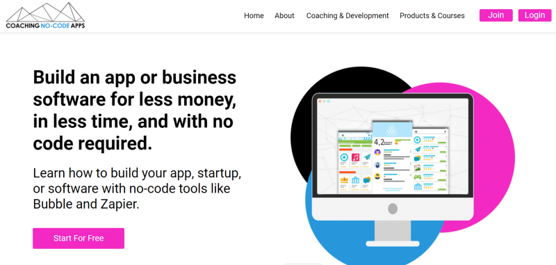 Front page of the Coaching No-Code Apps platform with computer screen on right.
