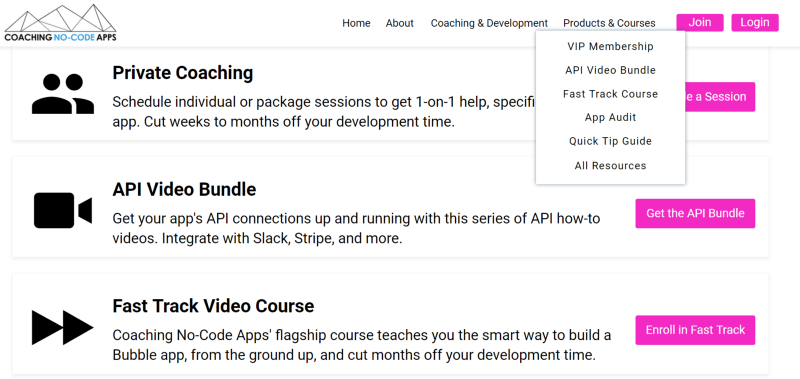 Coaching No-Code Apps app showing course options.