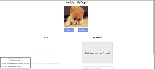 App titled How Cute is My Puppy with image of puppy and option to vote.