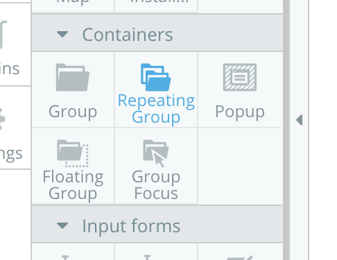 Bubble app containers drop-down repeating group selected.