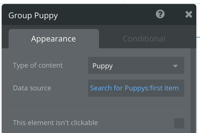 Group puppy appearance settings in Bubble creator.