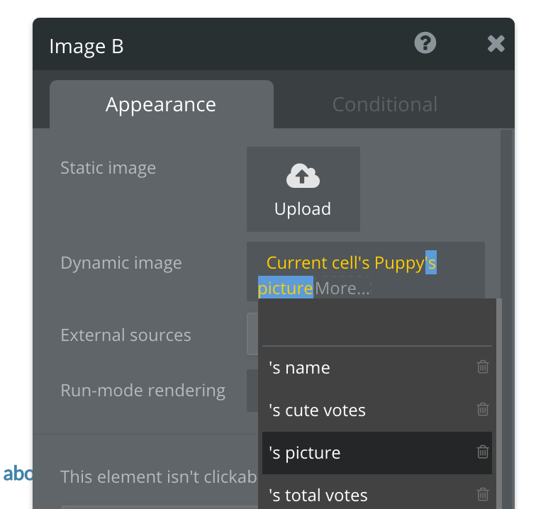 Image appearance settings for static and dynamic images.