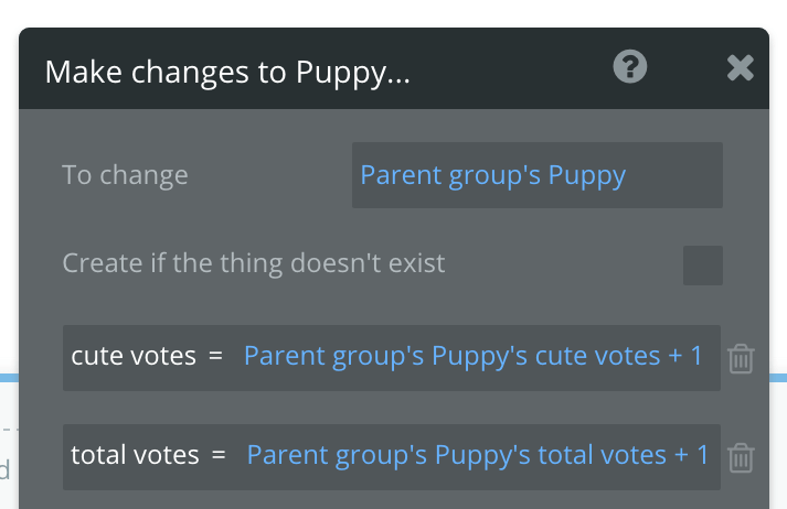 Settings for make changes to puppy in Bubble creator.