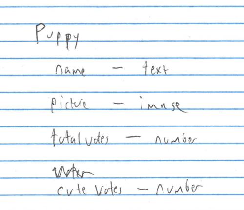 Brainstorming notes for storing puppies in app.