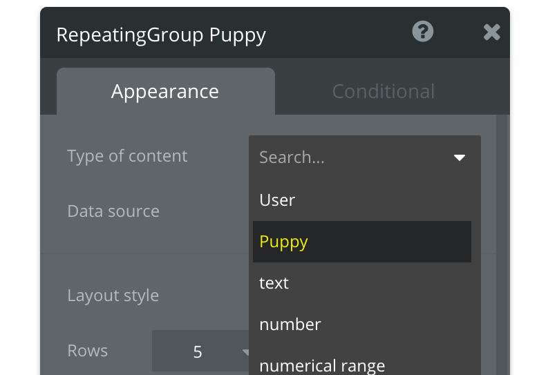 Repeating group puppy appearance settings. 