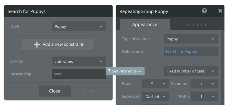 Seardch constraint and repeating group appearance settings.