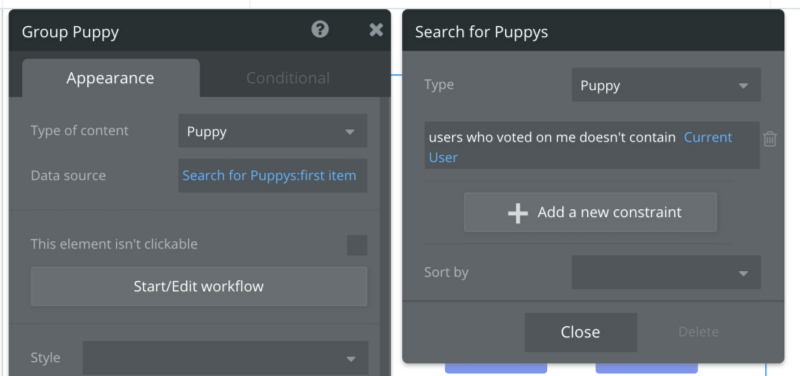 Settings for group puppy appearance and search puppy constraints.
