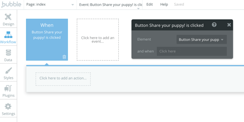 Setting workflow for a button in Bubble.