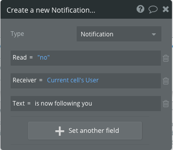 Settings for createa a new notification field.
