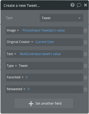 List of field settings for the create a new Tweet option. 