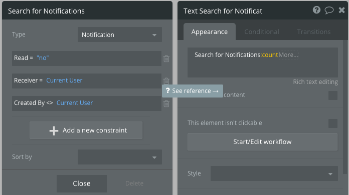 Black and gray settings page to define inputs for text search.