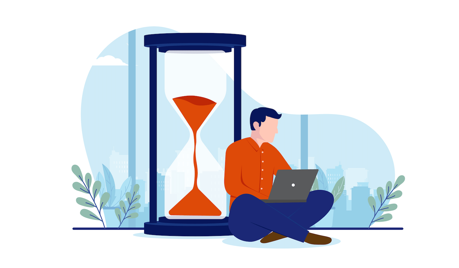 Animated man sitting next to a large hourglass with laptop on lap.