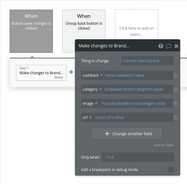 Brand changes workflow settings in Bubble editor.