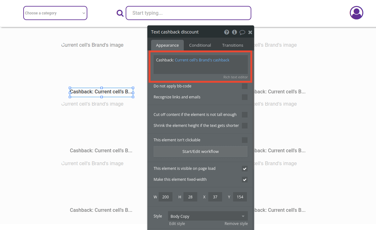 Cashback cell settings in Bubble editor.