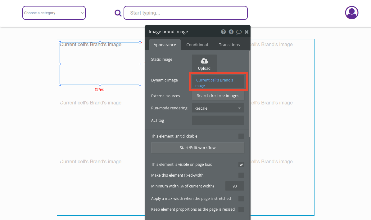 Dynamic image settings in Bubble editor.