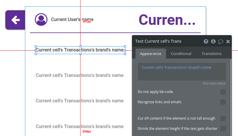 Current transaction brand name settings in Bubble editor.