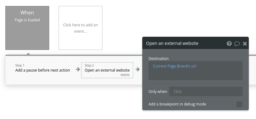 Open external website link workflow settings in Bubble editor.