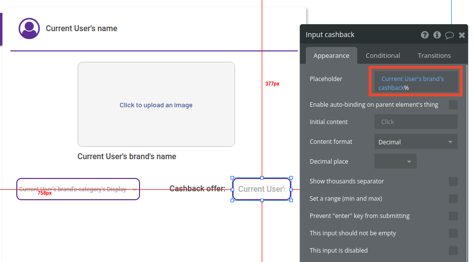Adding Cashback offer text box in Bubble editor.