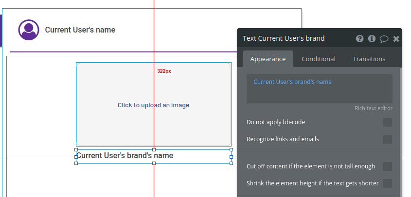 Adding current users brand name text box in Bubble editor.