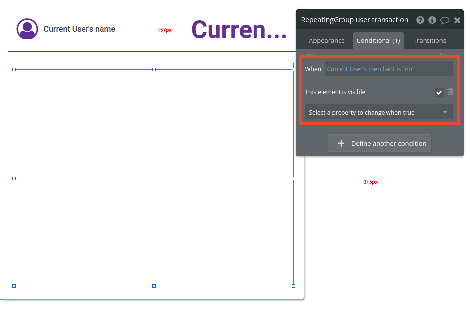 Repeating Group conditional settings tab in Bubble editor.