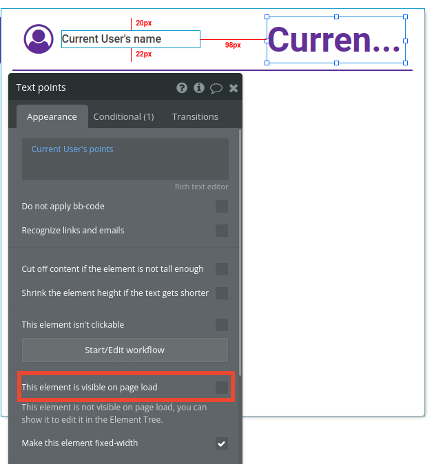 Current user points settings in Bubble editor.