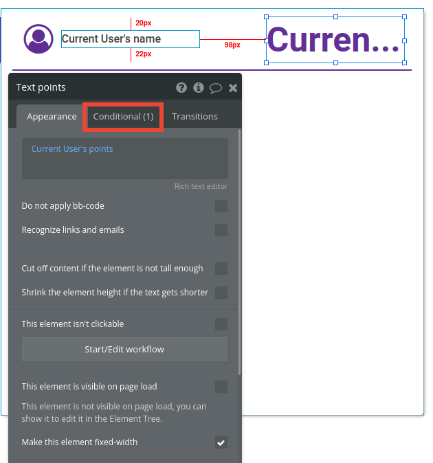 Current user points conditional settings tab in Bubble editor.