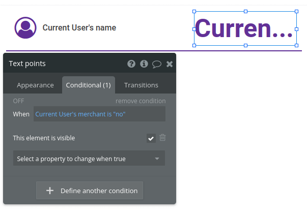 Current user merchant conditional settings in Bubble editor.