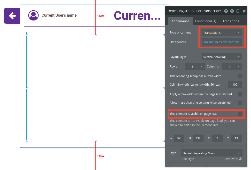 Current user transactions settings in Bubble editor.