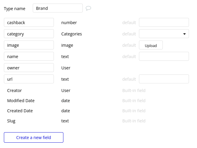 Brand fields in Bubble editor.