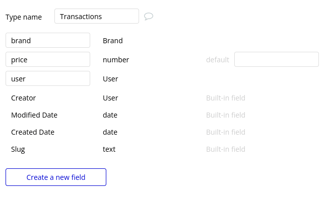 Transactions fields in Bubble editor.