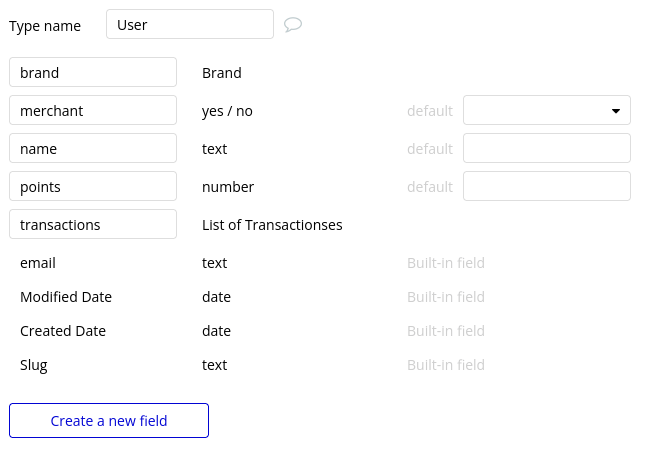 User fields in Bubble editor.