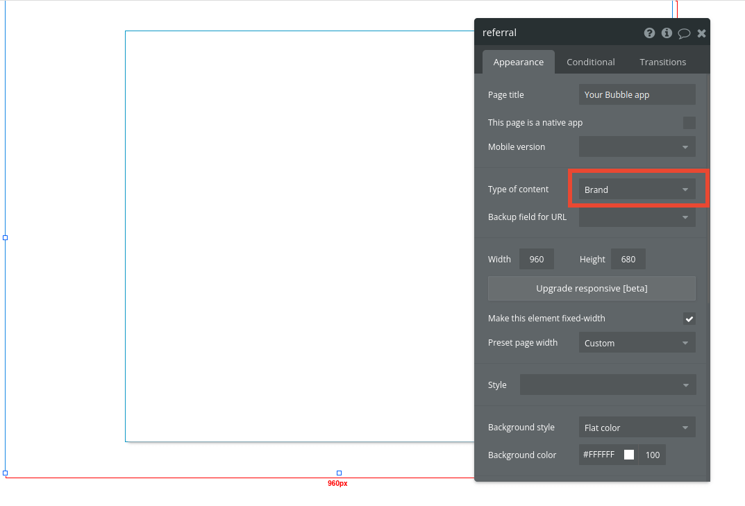 Brand content settings in Bubble editor.