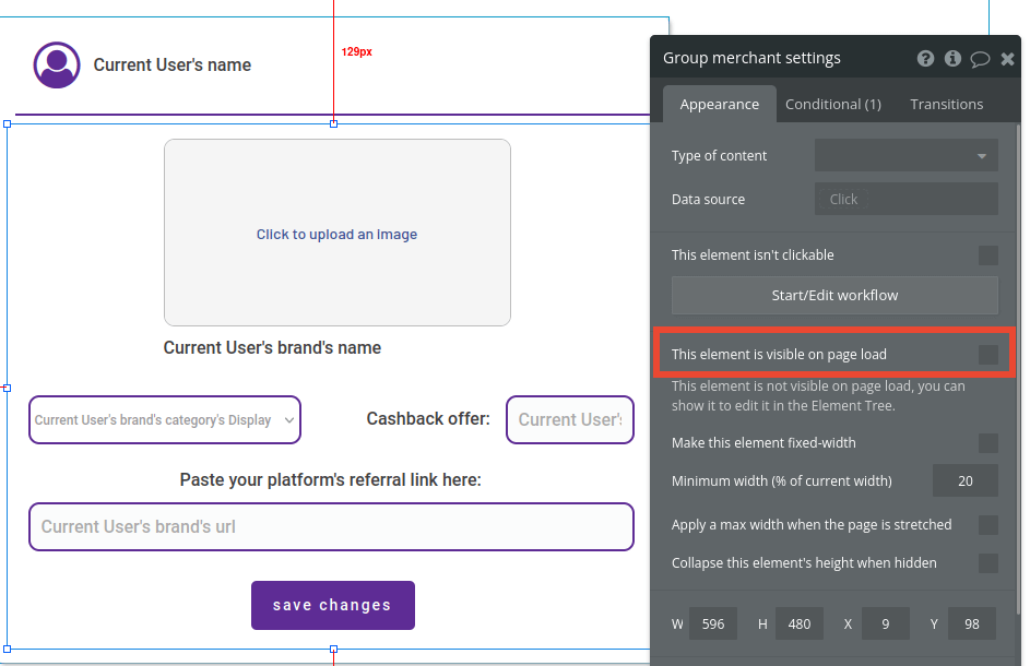 Element visibility settings in Bubble editor.