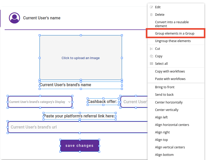 Group elements function in Bubble editor.