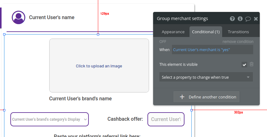 Group merchant conditional settings in Bubble editor.