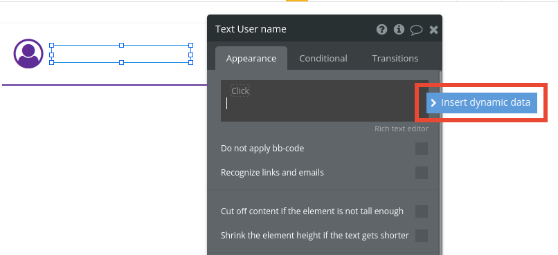 Insert dynamic data in Bubble editor.