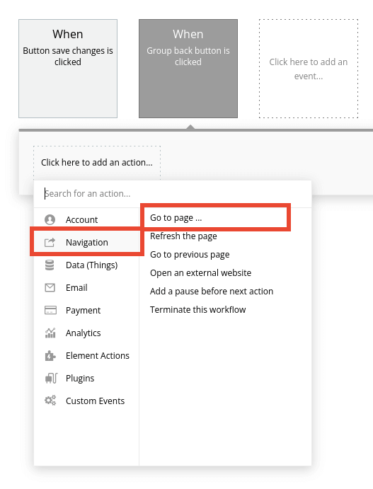 Navigation workflow settings in Bubble editor.