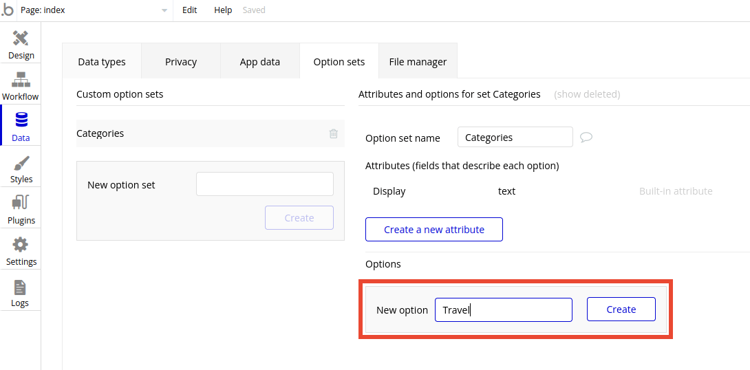 Option sets "new option" in Bubble editor.