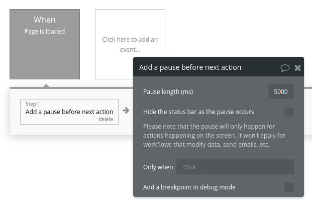 Adding a pause before action in Bubble editor.