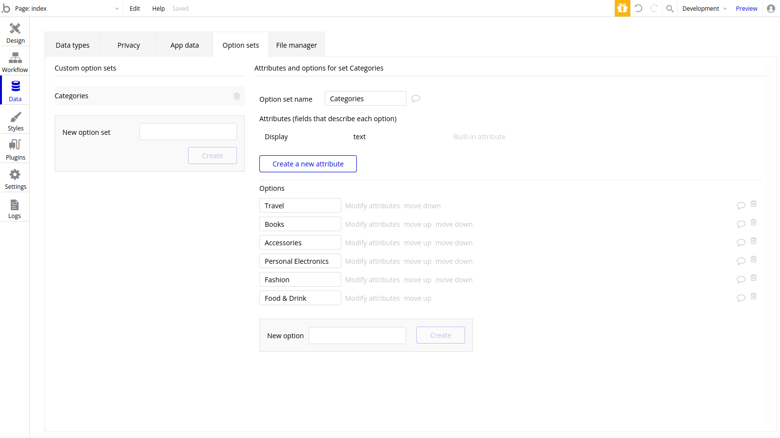 Option sets section in Bubble editor.