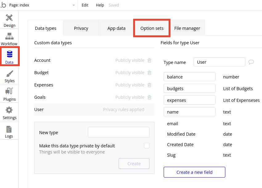 Option sets in Bubble editor.